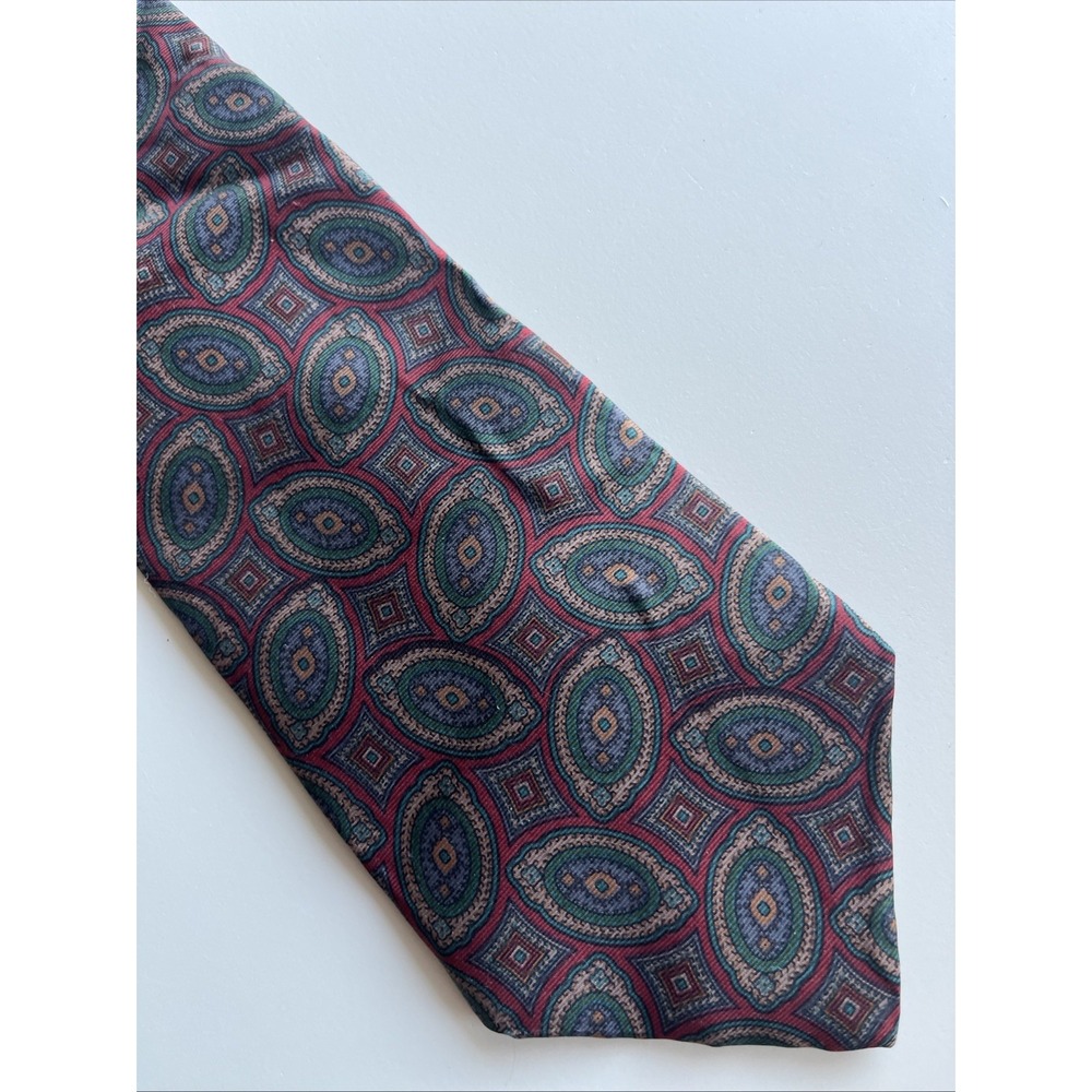 Woodward Silk Green Burgundy Geometric Paisley Silk Tie 54" X 3 1/2"